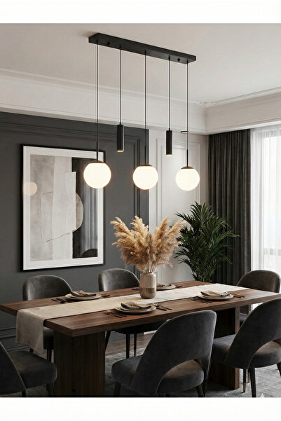 avizade NARA Siyah Metal Gövdeli 5'li Modern Sıralı Sarkıt Avize- 2 Spot Led 3 Beyaz Cam Küre Avize