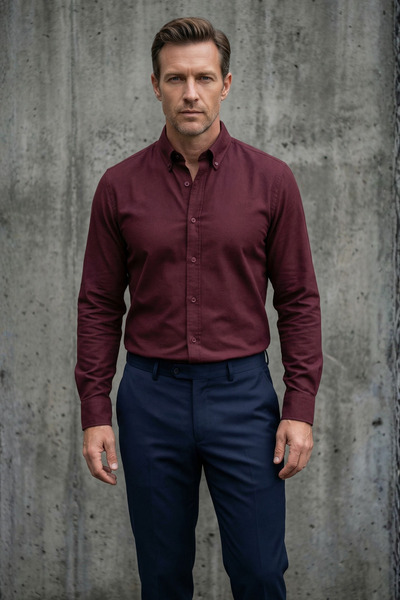 alenmeza Erkek Bordo Oxford Düğmeli Yaka Pamuk Likra Slim Fit Casual Cepsiz G...