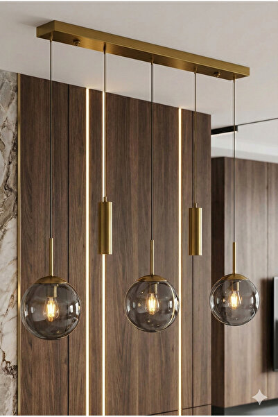 avizade NARA Eskitme Metal Gövdeli 5'li Modern Sıralı Sarkıt Avize- 2 Spot Led 3 Füme Cam Küre Avize