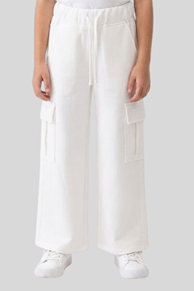 Hopi Kids Pantaloni albi pentru fete cu buzunar cargo - picior lat, 4-5 ani