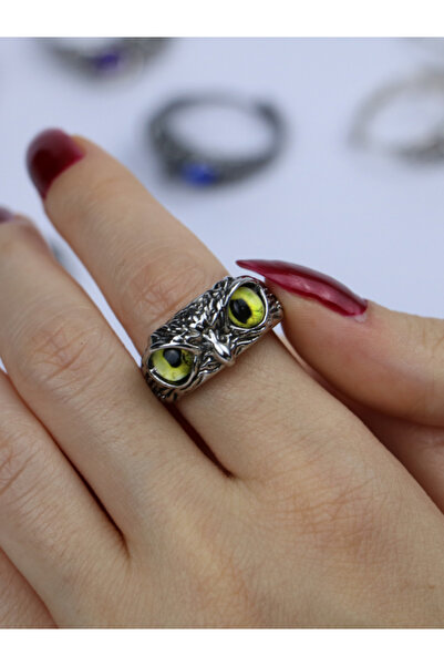TakıLabirenti Ayarlanabilir Baykuş Yüzük – Renkli Göz Detaylı, Unisex Vintage Gotik Tasarım