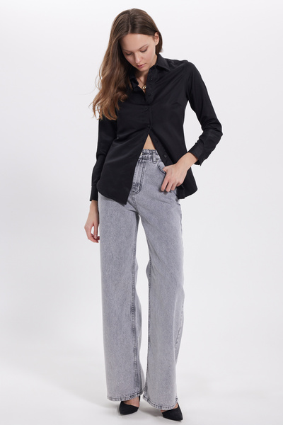 Tudors Kadın Slim Fit Dar Kesim Vücuda Oturan Uzun Kollu Siyah Basic Gömlek
