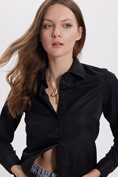 Tudors Cămașă pentru femei slim fit Slim croială mulat cu mânecă lungă neagră basic