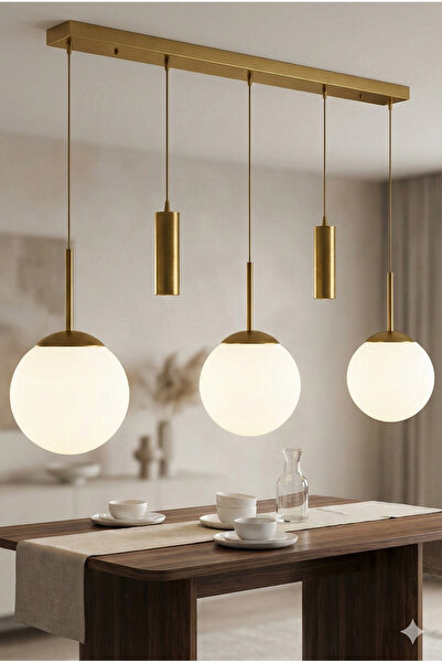 avizade NARA Eskitme Metal Gövdeli 5'li Modern Sıralı Sarkıt Avize- 2 Spot Led 3 Beyaz Cam Küre Avize