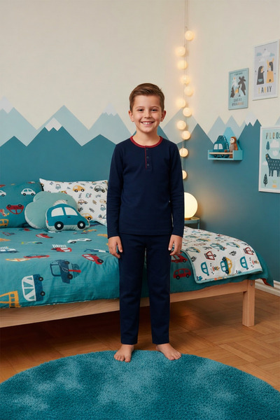 Kompedan Erkek Çocuk Pamuklu İnterlok Bisiklet Yaka Pijama Takımı | Lacivert 200