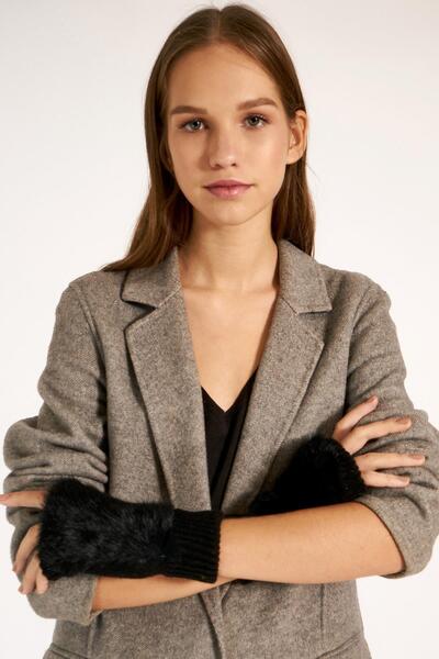 Y-London 11032 Kürklü Siyah Yünlü Kesik Eldiven YL