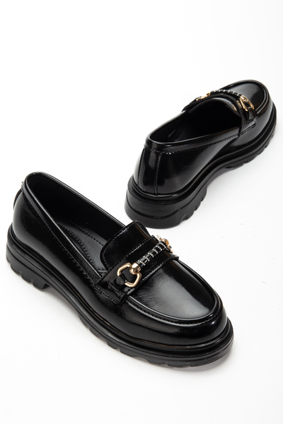 guijarro Блестяща златна катарама, дебела подметка, черни лачени дамски мокасини