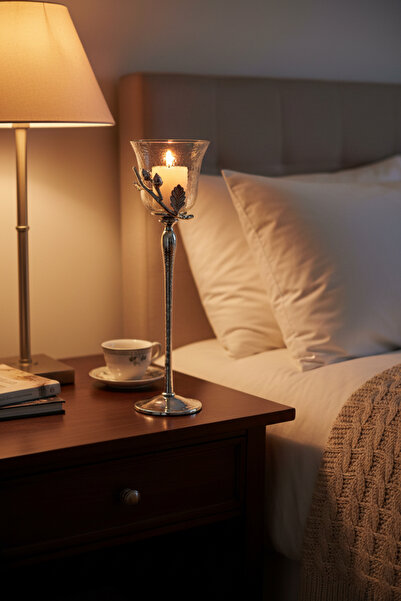 Cornella Oak Dekoratif Cam T-Light Mumluk Silver Büyük