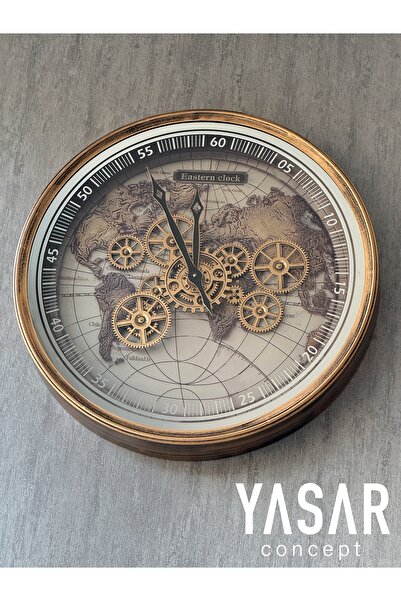 YASAR CONCEPT Eastern Clock Dünya Haritalı Metal Çarklı Duvar Saati 60 Cm