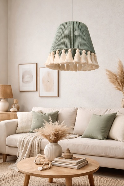 YUTEDEKOR El Yapımı Bohem Makrome Avize – Yeşil | Arne Retro 30 cm