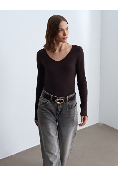 Dilvin 10842 V Yaka Kaşmir Karışımlı Kazak-Koyu Kahve