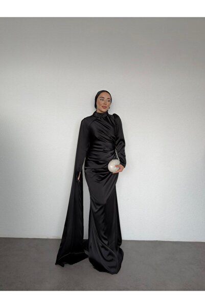Guer Fashion ElisB Saten Drapeli Balık Pelerin Kollu Siyah Abiye
