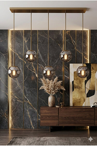 avizade Dora Modern Sıralı Avize - Eskitme Metal, Füme Cam, 5'li Sarkıt, E27 ...