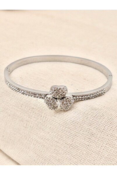 Siya Silver سوار نسائي من الفولاذ المقاوم للصدأ مرصع بحجر الزركون على شكل ورق...