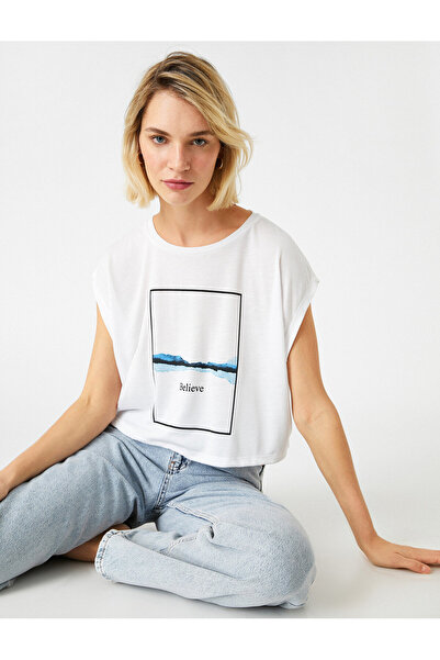 Koton تي شيرت مطبوع بياقة دائرية وبدون أكمام