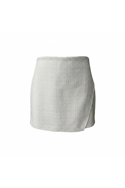 Eight Fashion Women's Ecru High Waist Tweed Textured Stylish Mini Skirt