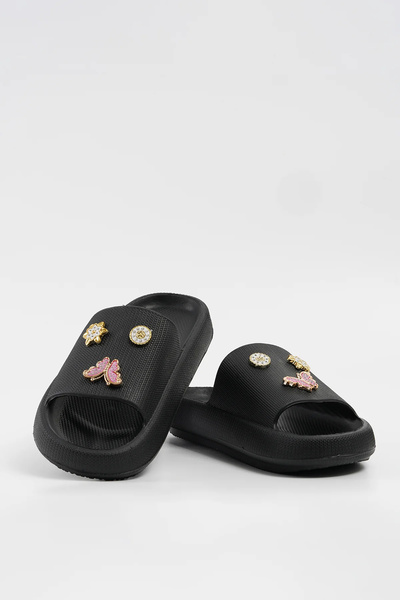 Ecrou Stone Detailed Open Slippers Black