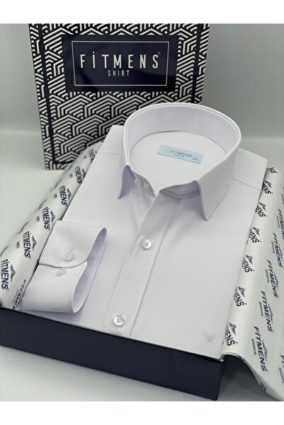 Fitmens قميص رجالي بقصة ضيقة وأكمام طويلة من الساتان في صندوق هدايا سهل الكي FS-002968 - أبيض