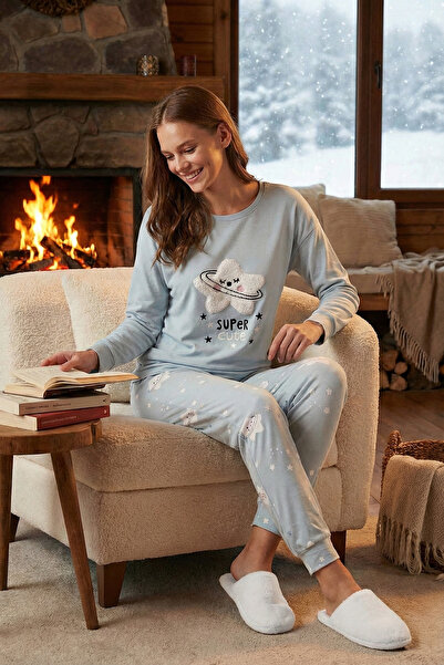 Lela طقم بيجامة منقوشة بياقة دائرية قابلة للتمدد، طقم بيجامة 6095700