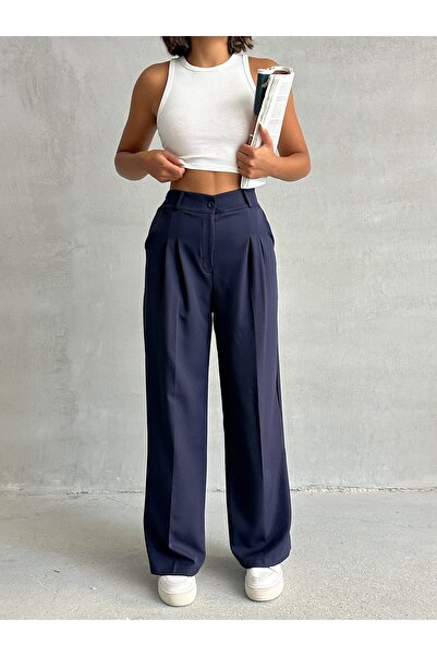 BEJNA Kobiety Granatowe spodnie palazzo z plisami i detalami