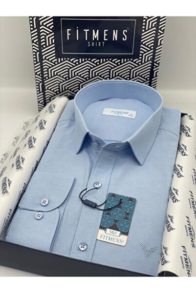 Fitmens قميص رجالي بقصة ضيقة وأكمام طويلة من الساتان مع صندوق هدايا سهل الكي FS-002968 - أزرق