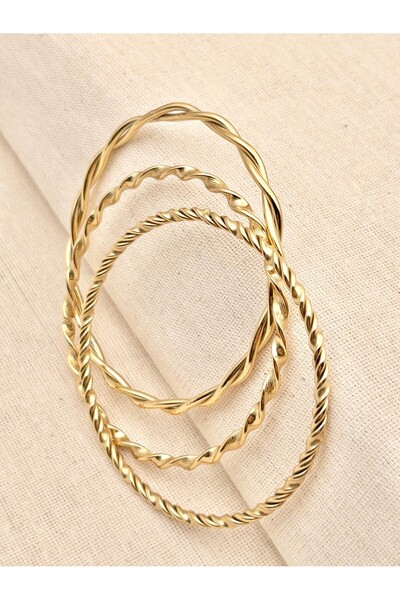 Siya Silver Kararmaz Çelik Gold Renk Burgu Model 3'lü Çelik Bilezik Set - 6,5 cm