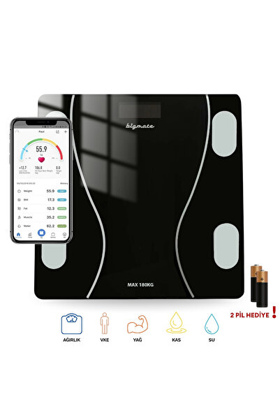 bigmate BGT-7001S Siyah Wi-Fi Bağlantılı Akıllı Dijital Vücut Analiz Baskülü