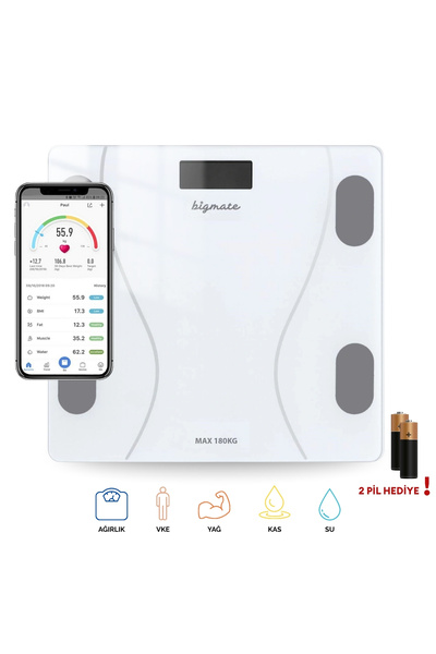 bigmate BGT-7001B Beyaz Wi-Fi Bağlantılı Akıllı Dijital Vücut Analiz Baskülü