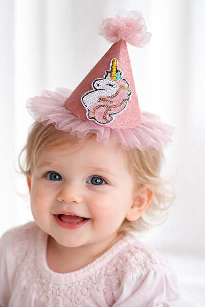 Minia Doğum Günü Şapkası –Boncuklu Unicorn Figürlü Pembe Simli Tüllü Bebek Pa...