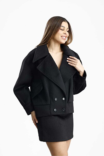 GACA COLLECTION LAGOS Kruvaze Kaşe Kısa Siyah Kaban