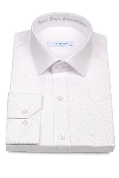 Fitmens قميص رجالي ذو قصة ضيقة وأكمام طويلة مدى الحياة مع صندوق هدايا مطرز Fs- 001376   - أبيض