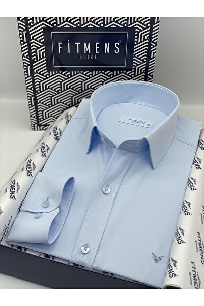 Fitmens قميص رجالي بقصة ضيقة وأكمام طويلة من الساتان مع صندوق هدايا سهل الكي FS-002968 - أزرق ثلجي