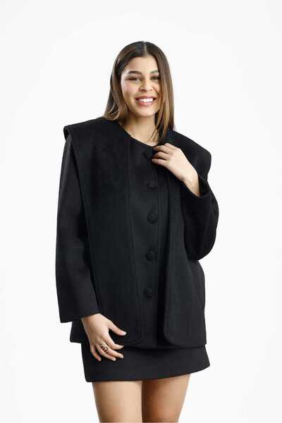 GACA COLLECTION YAEL Kaşe Premium Μαύρο Κοντό Παλτό με Λεπτομέρεια στο Γιακά