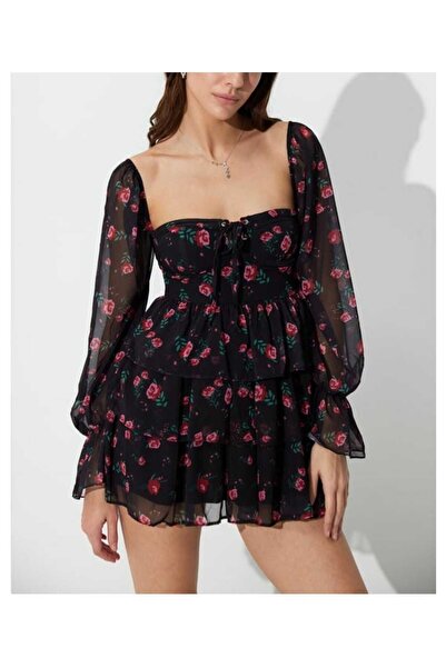 SartoMano Siyah Çiçek Desenli Kısa Elbise