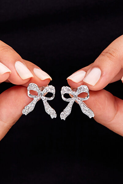 Elika Silver أقراط نسائية على شكل فيونكة من حجر الزركون