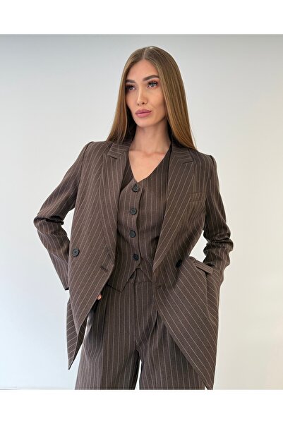 ossons Premium Kadın Çizgili Ceket Yelek Pantolon 3’lü Takım – Modern Ofis Şı...