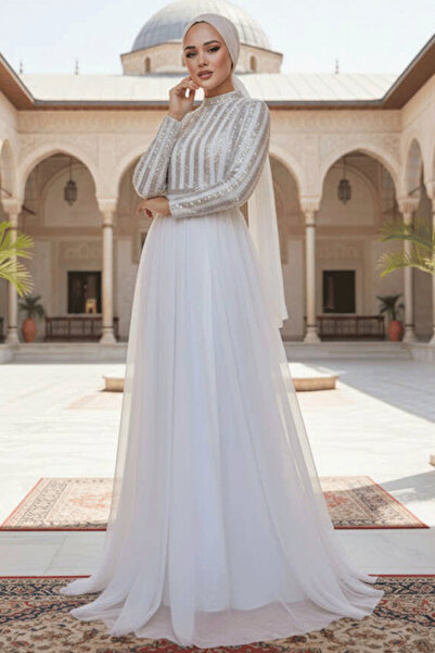 Neva Style فستان سهرة إسلامي مزين بالترتر بلون الكريم 5338E