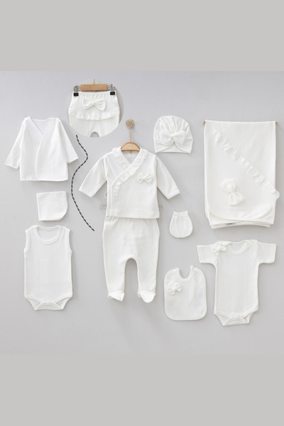 Zıpır Fiyonk Detaylı Fırfırlı Kız Bebek Hastane Çıkışı Seti 10'lu Takım 0-3 ay krem