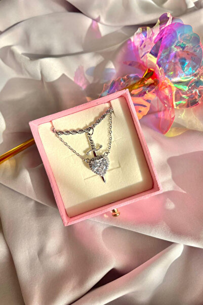 Hiza Zirkon Taşlı Çelik Zincirli Beyaz Kalp Kılıç Çift Kolyesi