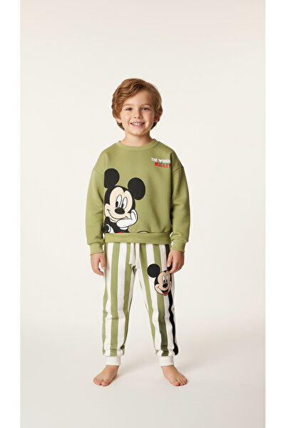 2Baby2mom Set de pantaloni și hanorac pentru băiat Mickey din bumbac kaki cu dungi tricou - ⁠ Combinație confortabilă de zi cu zi