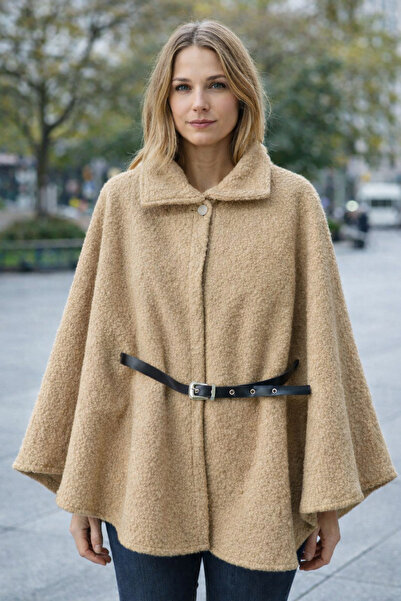 Moda Palmiss Women's Mink Belt Detailed Boucle Poncho