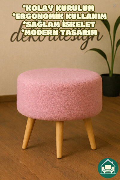 DEKOR MOBİLYACIM Yuvarlak Balkon Mutfak Salon Ayak Uzatma Pufu Gürgen Ayaklı Özel Tasarım Pembe Puf Koltuk