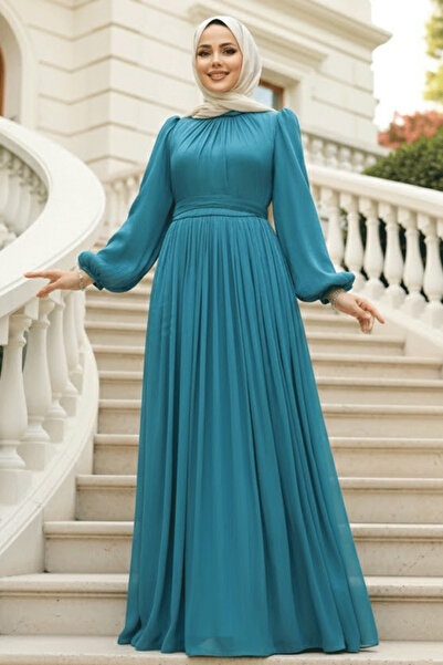 Neva Style فستان سهرة حجاب بأكمام بالون أخضر بترولي 45191PY