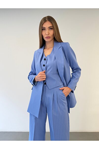 ossons Premium Kadın Çizgili Ceket Yelek Pantolon 3’lü Takım – Modern Ofis Şı...