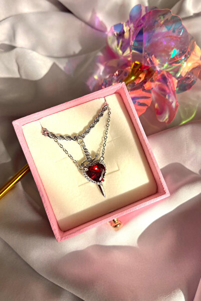 Hiza Zirkon Taşlı Çelik Zincirli Kırmızı Kalp Kılıç Çift Kolyesi