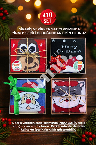 Inno Yılbaşı Desenli Kraft Kutulu Çorap 4'lü Set (BİREBİR DESEN)