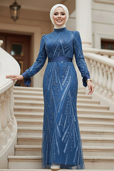 Neva Style فستان سهرة حجاب أزرق نيلي مطرز بالخرز 47631IM
