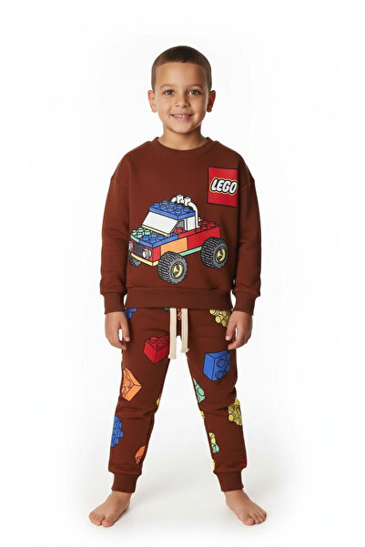 Booni Jooni Set de trening Lego cu imprimeu din bumbac maro pentru băieți