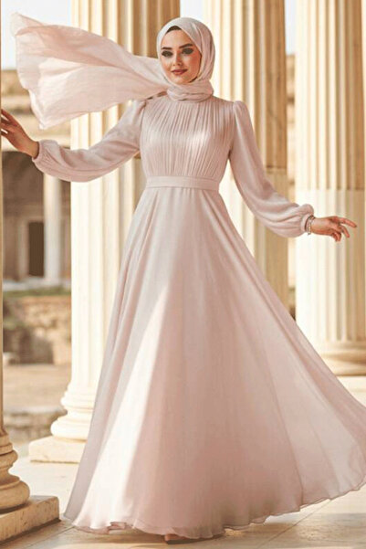 N.S NEVA STYLE فستان سهرة بيج محتشم بتفاصيل ثنى 51072BEJ