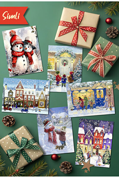 Mia Pera 9lu Simli Yılbaşı Kartpostal Seti Yeniyıl Manzara Kardan Adam Nostalji